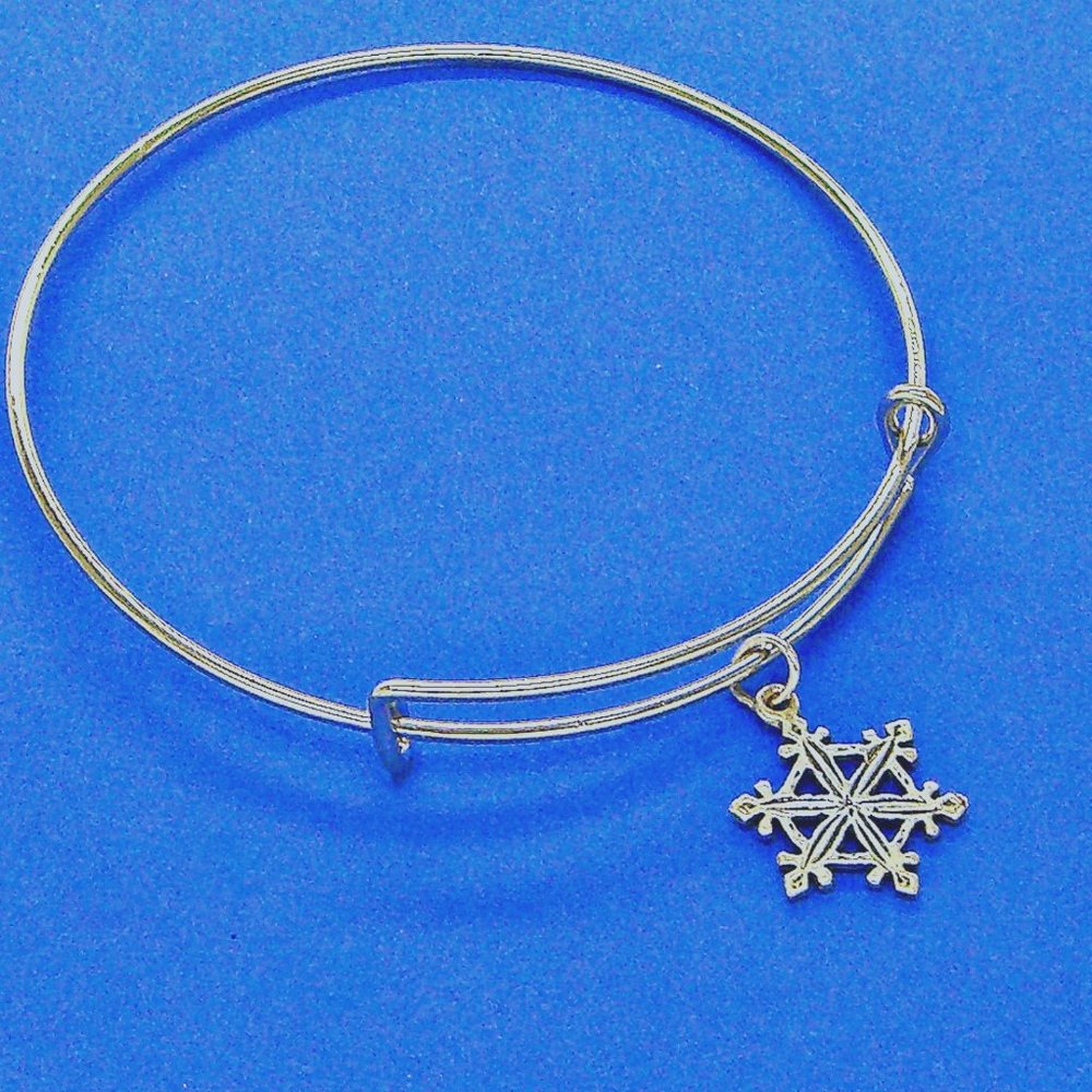 Sterling Silver Snowflake on Adjustable Stacking Wire Bangle Charm Bracelet